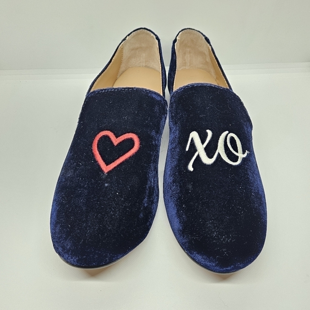 NWT Banana Republic blue velvet demi smoking slipper with heart and XO 6.5